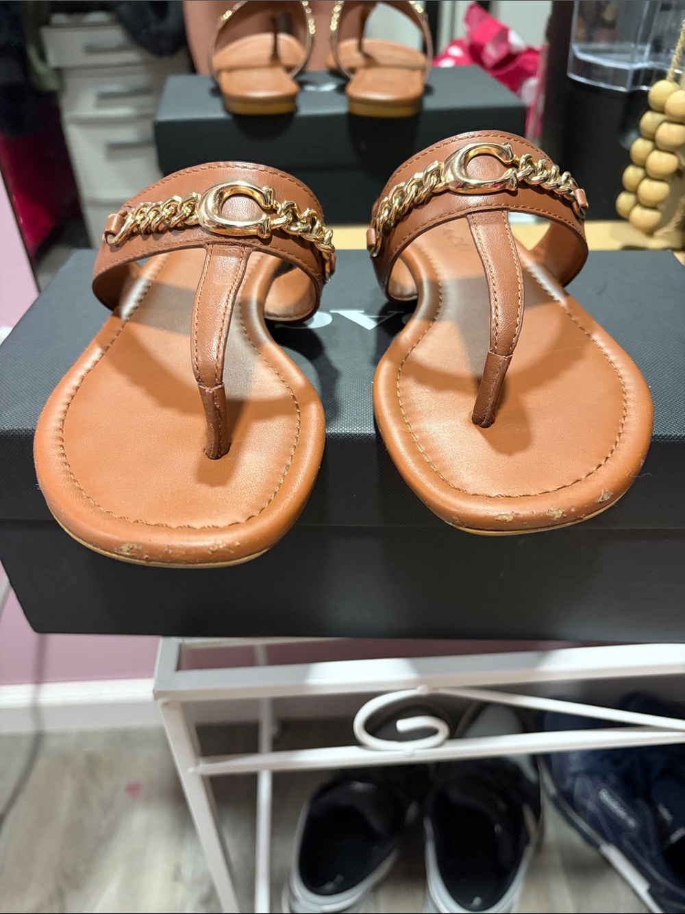 Coach Brown Leather Thong Sandals with Gold Chain Accent